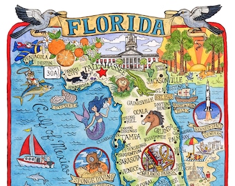 May include: A colorful, illustrated map of Florida, featuring landmarks, wildlife, and attractions. The map includes illustrations of mermaids, manatees, rockets, and oranges. Text includes "Florida", "The Sunshine State", and city names.