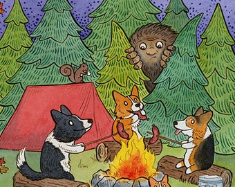 Corgi Camping with Sasquatch Art Print 8"x10"