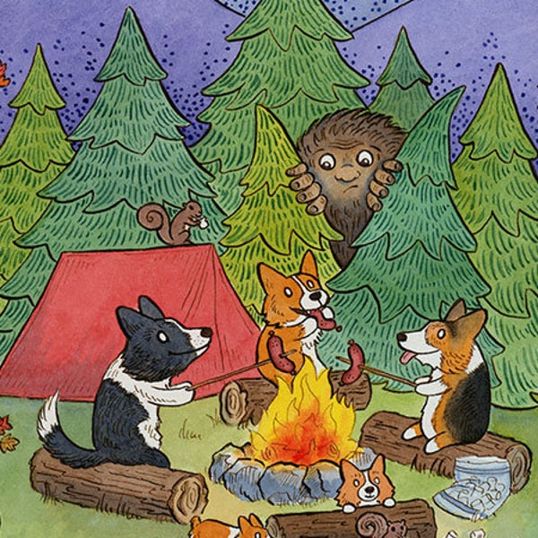 Corgi Camping with Sasquatch Art Print 8"x10"