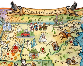 Mapa stanu Massachusetts, wydruk artystyczny 11&quot; x 14&quot;