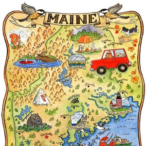 Mapa do estado do Maine Ursos Baleia Lagosta 8" x 10"