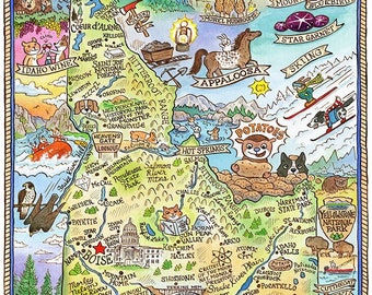 Stampa artistica della mappa dello stato dell'Idaho 8" x 10"