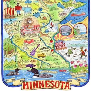 Impression d'art de la carte de l'État du Minnesota 20 x 25 cm (20 po. x 10 po.)
