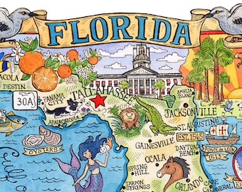 Carte de l'état de Floride 16 x 20 pouces Impression artistique