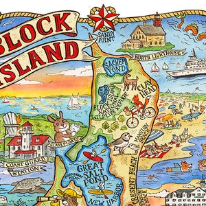 Impresión artística del mapa de Block Island, Rhode Island, 8" x 10"