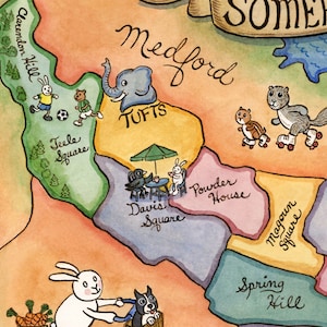 May include: A hand-painted map of Medford, Massachusetts, with various neighborhoods and landmarks, including Teele Square, Davis Square, Powder House, Magoun Square, Spring Hill, and Clarendon Hill. The map features a blue elephant, a squirrel on roller skates, and other whimsical illustrations.