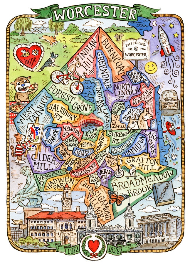Map Of Worcester Ma Worcester Massachusetts Neighborhood Map Art Print 8 X | Etsy Canada