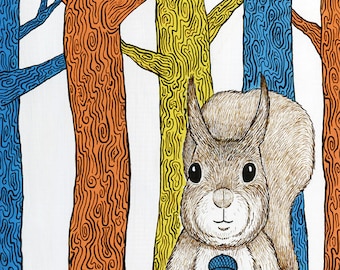 Blue Acorn Squirrel Forest Art Print 8" x10"