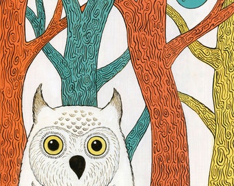 Blue Moon Owl Forest Art Print 8" x10"
