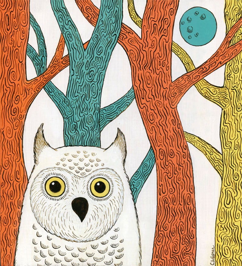 Blue Moon Owl Forest Art Print 8 x10 image 1