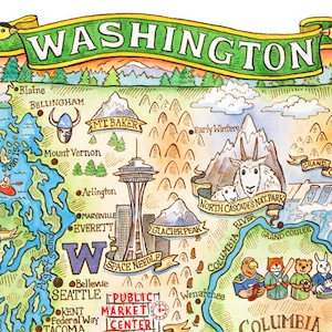 Impression artistique de la carte de l'État de Washington, 27 x 35 cm (11 x 14 po.)