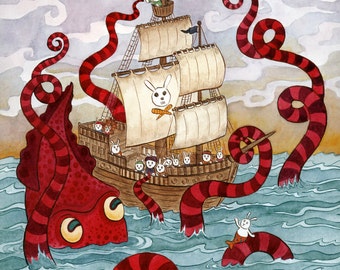 Kraken Giant Squid Pirate Ship Art Print 8"x 10"