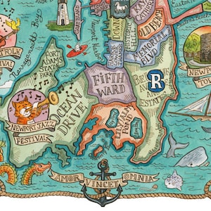 May include: A hand-drawn map of Newport, Rhode Island, with a nautical theme. The map features landmarks, streets, and points of interest, including Ocean Drive, Fifth Ward, Newport Folk Festival, and Newport Jazz Festival. The map is surrounded by a rope border and includes a variety of nautical imagery, such as an anchor, a whale, and a sailboat.