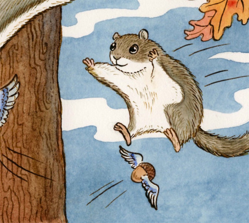 Flying Squirrel Acorn Art Print 11 x 14 Nutty Flyers image 3