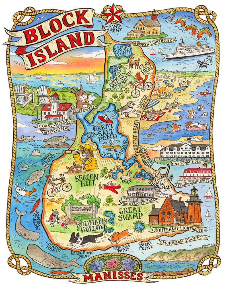 Block Island Rhode Island Map Art Print 16x 20 | Etsy