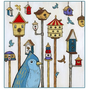 Colorful Birdhouses and Birds Art Print 8&quot;x10&quot;