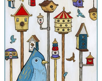 Colorful Birdhouses and Birds Art Print 8"x10"