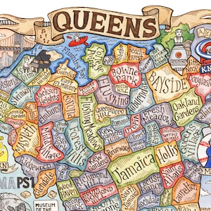 Stampa artistica della mappa del Queens, New York, 11" x 14"