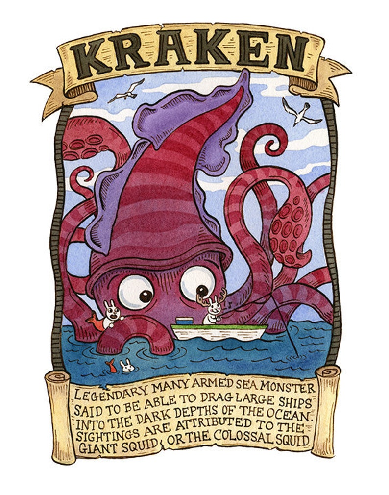 Kraken Sea Monster Cryptozoology Art  Print Etsy