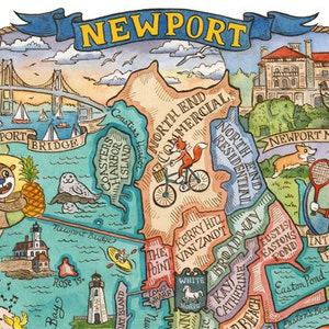 Stampa artistica con mappa di Newport, Rhode Island, 8” x 10”