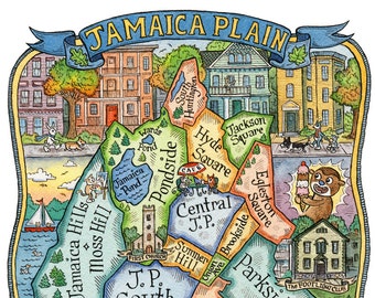 Stampa artistica della mappa del quartiere di Jamaica Plain Boston 8&quot; x 10&quot;
