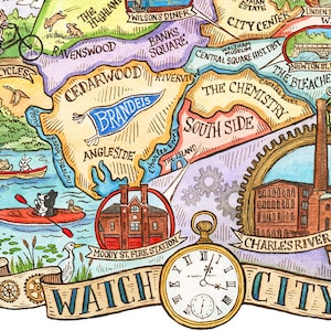May include: A colorful illustrated map of a city with the words "Watch City" in a banner at the bottom. The map features various landmarks, including a fire station, a river, and a bridge. The map is surrounded by gears and a pocket watch.