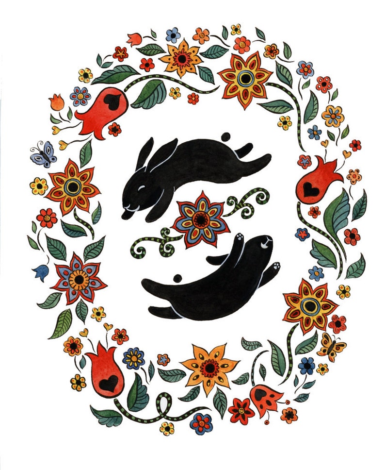 Happy Black Bunnies Floral Art Print 11 x 14 image 1