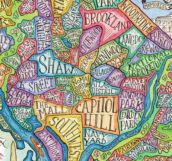 Washington Dc Neighborhood Map Washington Dc Neighborhood Map Art Print 16X20 | Etsy