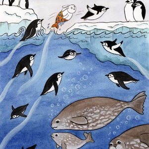 Antarctica Penguins Seals Merbunny Art Print 8&quot; x 10&quot;