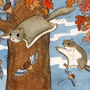Squirrel Acorns Flying Art Print Nutty Flyers 8&quot; x 10&quot;