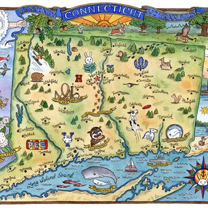 May include: A hand-drawn map of Connecticut with a whimsical style. The map features various animals, landmarks, and cities throughout the state. The map is surrounded by a blue banner with the words "SVSTINET CONNECTICUT VI TRANTWITT" in white lettering.