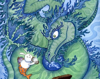 Sea Dragon and Merbunny Art Print- The Bargain 16" x 20"