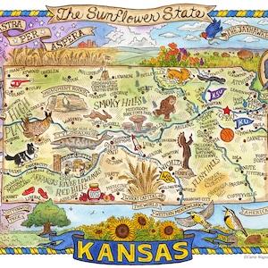 Impression d'art carte de l'état du Kansas 20 x 10 po