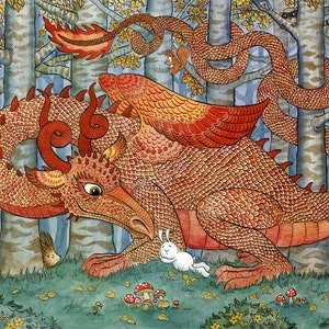 Red Dragon Rabbit Forest Woodland Art Print 11