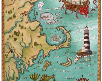 New England Coastal Map Cape Cod Sea Monster Art Print 8" x 10"