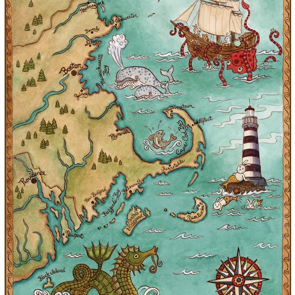 New England Coastal Map Cape Cod Sea Monster Art Print 8" x 10"