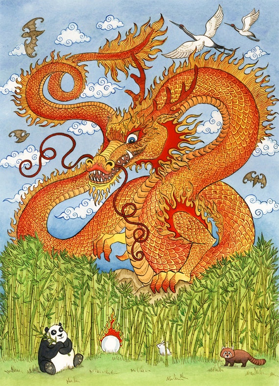 Chinesischer Drache Rot Gold Panda Bambus Kunstdruck 8 "x 10" - Etsy.de