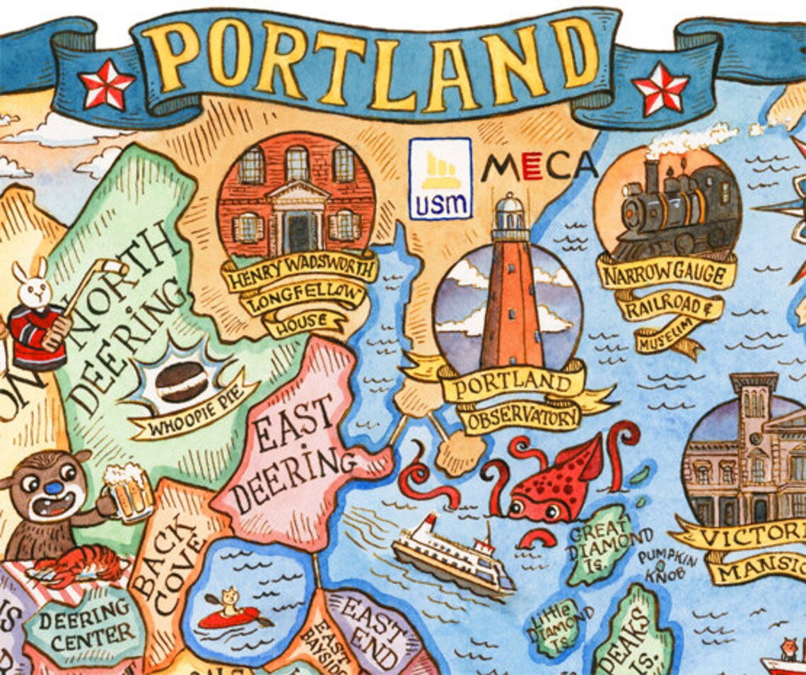 Portland Maine City Neighborhood Map 8 x 10 Art Etsy