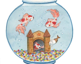 Fish Bowl Goldfish Merbunny Art Print  8"x10"