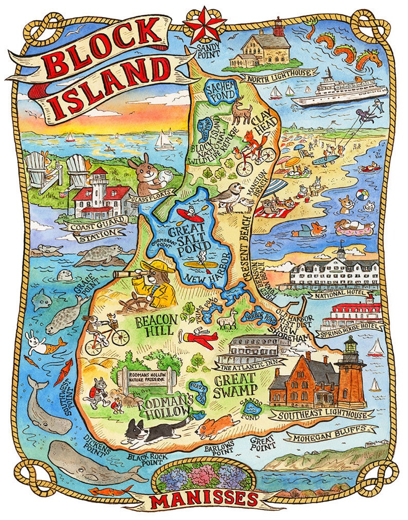 Block Island Rhode Island Map Art Print 11 X 14
