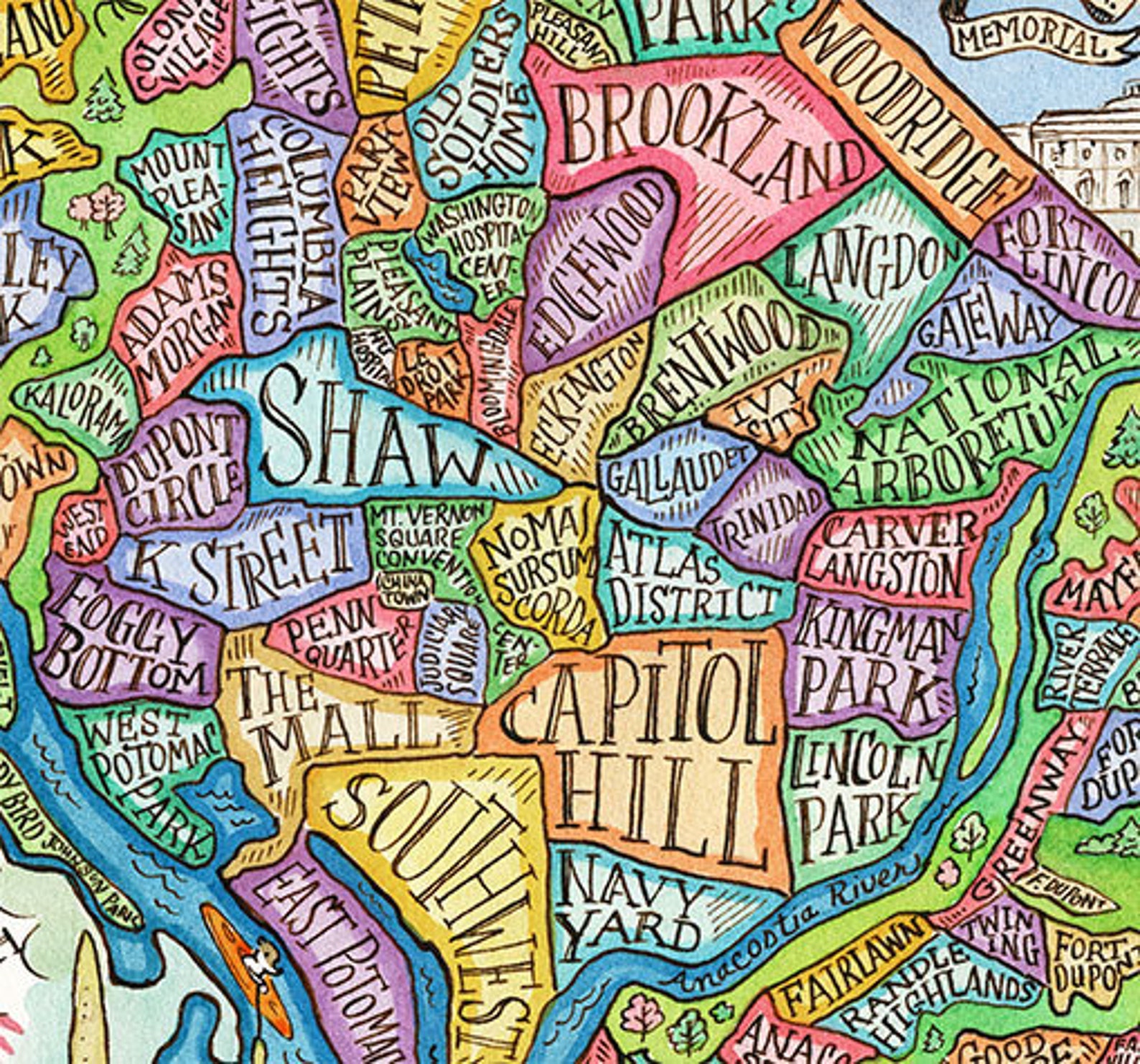 Washington DC Neighborhood Map Art Print 8x10 Etsy