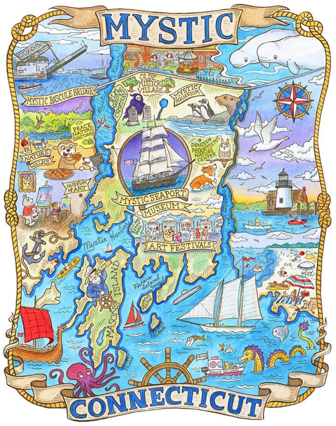 Mystic Connecticut Art Map Print 8x10 Etsy(01)