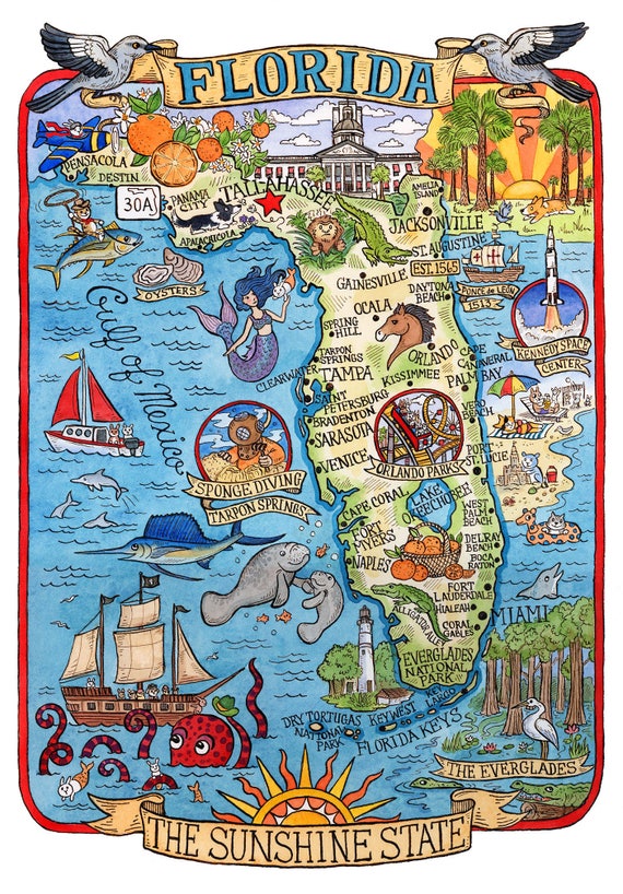 Florida State Map 11x 14 Art Print | Etsy