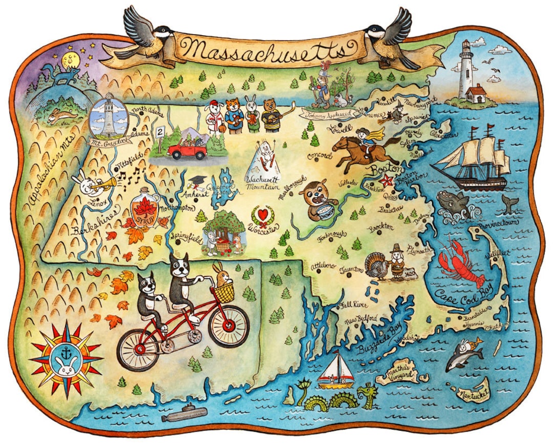 マサチューセッツ州地図 8インチ x 10インチ アートプリント - Etsy 日本