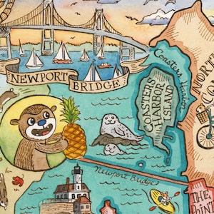 May include: A watercolor illustration of a map with a cartoon otter holding a pineapple, a lighthouse, and a bridge with the text "Newport Bridge". The map also includes the text "Coasters Harbor Island" and "North Commons".