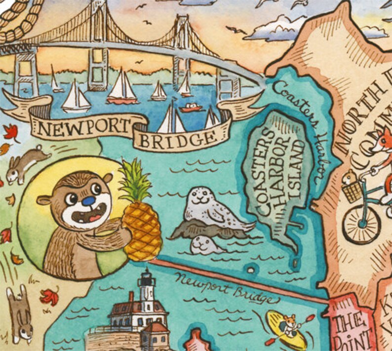 May include: A watercolor illustration of a map with a cartoon otter holding a pineapple, a lighthouse, and a bridge with the text "Newport Bridge". The map also includes the text "Coasters Harbor Island" and "North Commons".