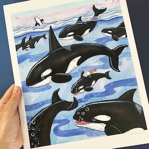 シャチ 油彩画 青色系 シャチアート // 8 x 10 プリント // アートプリント // シャチ
