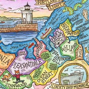 May include: A hand-drawn map of Portland, Maine, with colorful illustrations of landmarks, parks, and neighborhoods. The map includes the Portland Breakwater Light, Bug Light Park, Cushing's Point, Ferry Village, Meetinghouse Hill, Ocean Street, Pleasantdale, and Stanwood Park.