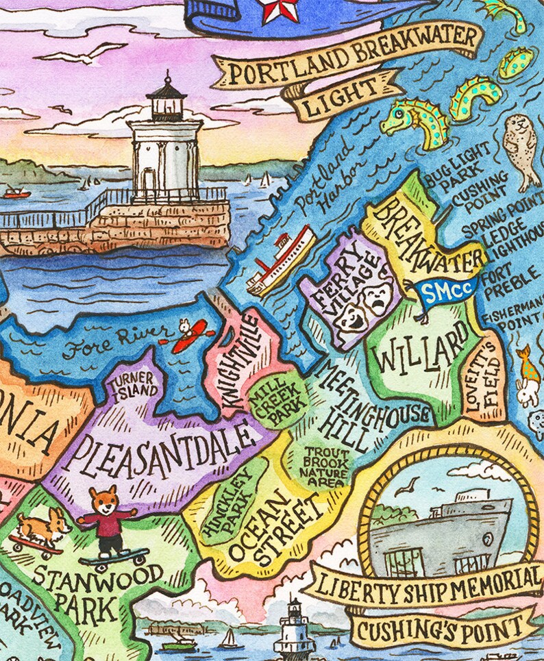 May include: A hand-drawn map of Portland, Maine, with colorful illustrations of landmarks, parks, and neighborhoods. The map includes the Portland Breakwater Light, Bug Light Park, Cushing's Point, Ferry Village, Meetinghouse Hill, Ocean Street, Pleasantdale, and Stanwood Park.
