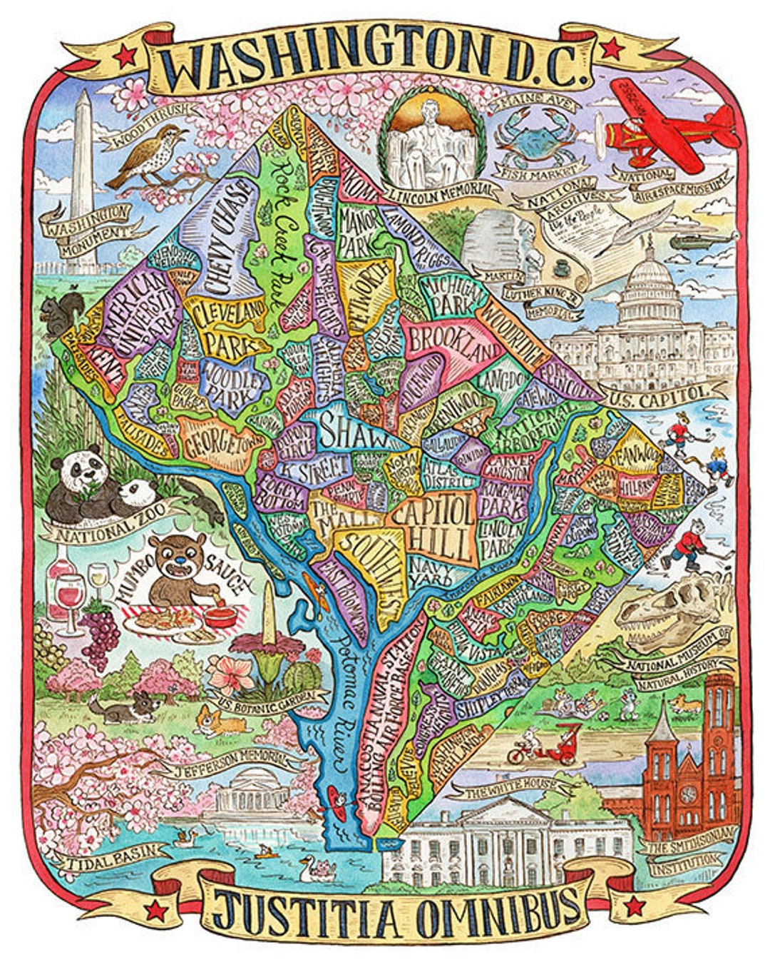 Washington DC Neighborhood Map Art Print 11x14 Etsy